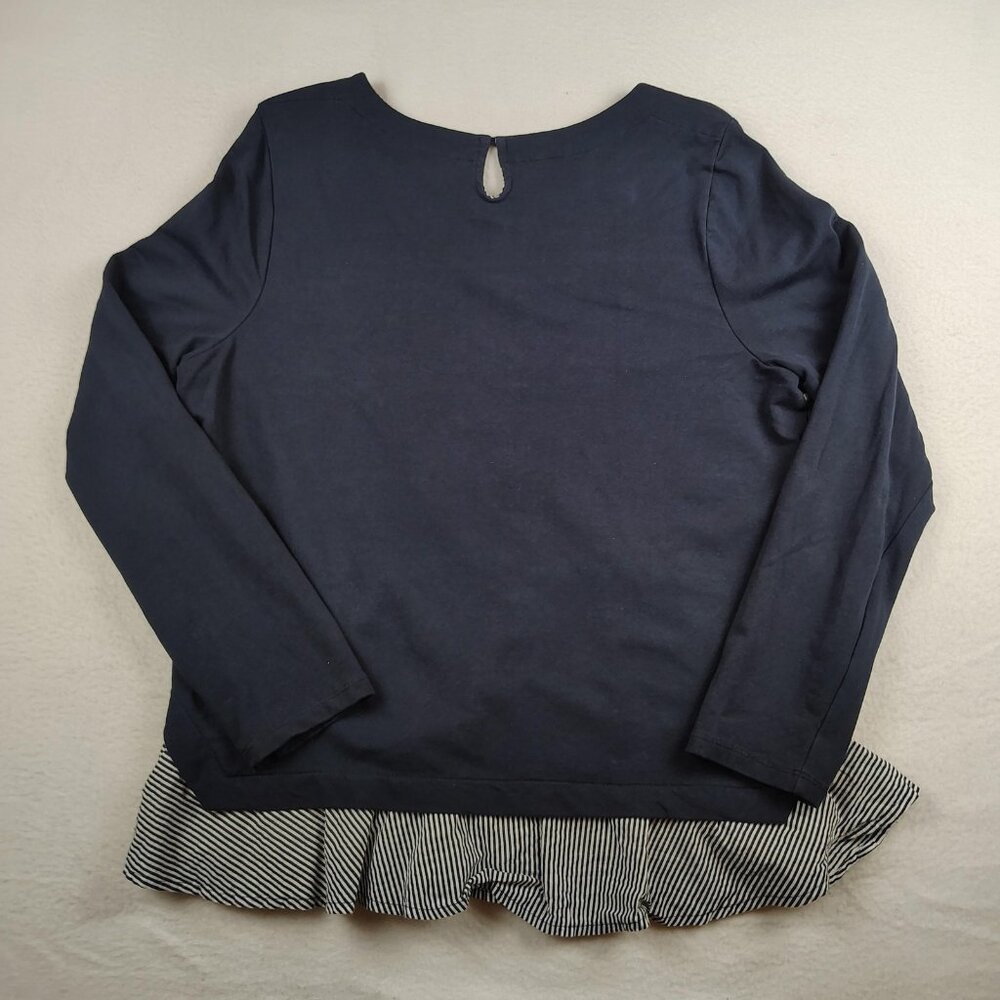 Crown & Ivy Nautical Shirt Womens Petite XL Navy Striped Ruffled - Picture 2 of 7